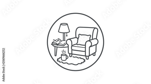 Simple line drawing of armchair indoors.