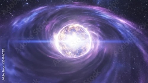 Abstract cosmic explosion with bright light and purple spiral nebula