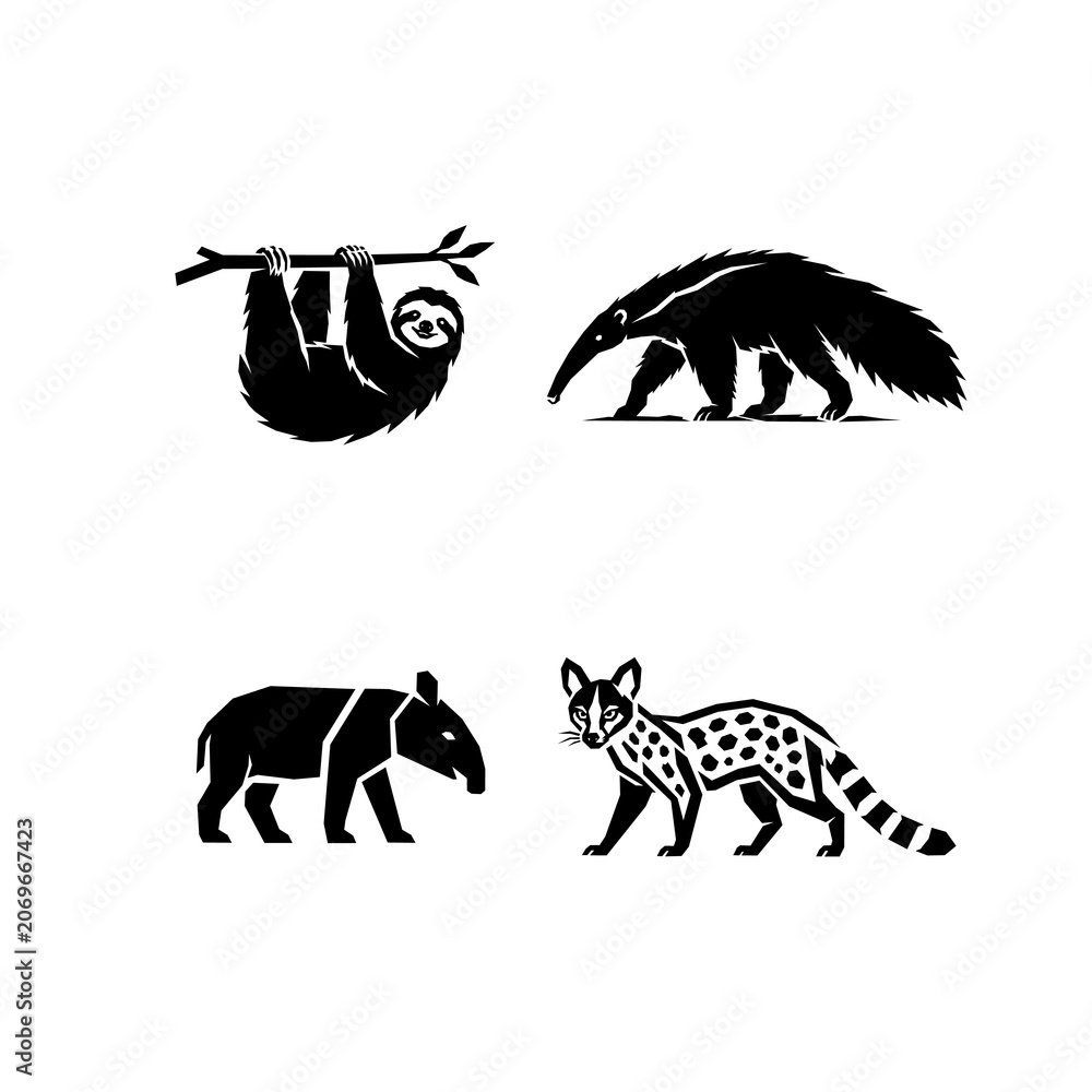 Fototapeta premium Sloth, anteater, tapir, and ocelot minimalist stylized animal silhouette vector set