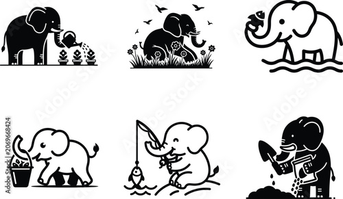 Photography black and white illustrations of elephants performing various actions