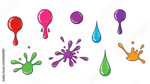 Collection of brightly colored stylized paint splatters drips and drops on a white background