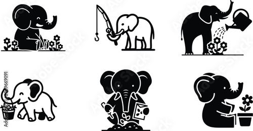 Bild auf Leinwand Set of cartoon elephants engaging in various activities with plants and flowers