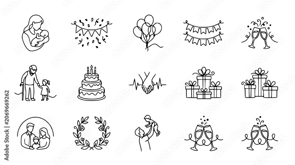 Obraz premium Hand-drawn celebration icons set: family, gifts, cake, balloons, confetti, champagne