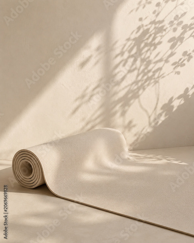 Minimal fitness and wellness composition featuring yoga equipment on a neutral background with natural light and copy space. Healthy lifestyle concept for exercise, stretching, home workouts, wellness