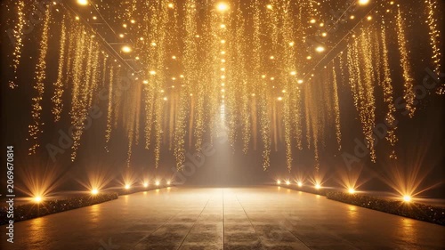 Golden glitter particles falling in a dramatic spotlight runway with elegant bokeh lights during a festive celebration