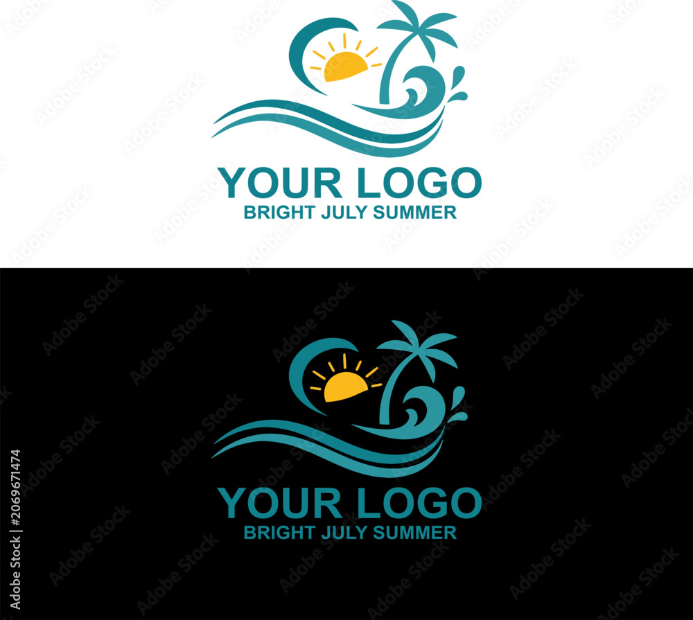 Naklejka premium A bright summer scene with sun palm trees waves on a logo design for a travel company