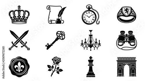 Cuadro en lienzo Vector royalty elegance icons set featuring crown, scroll, pocket watch, binocul