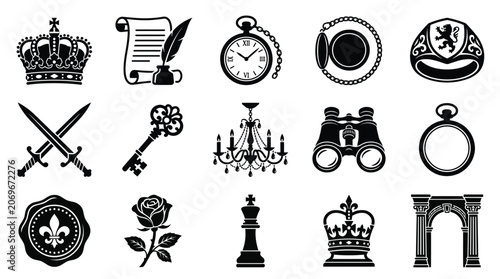 Cuadro en lienzo Vector royalty elegance icons set featuring crown, scroll, pocket watch, binocul
