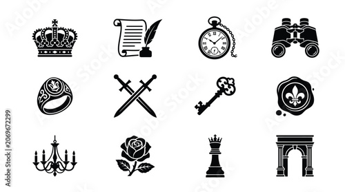 Foto Vector royalty elegance icons set featuring crown, scroll, pocket watch, binocul