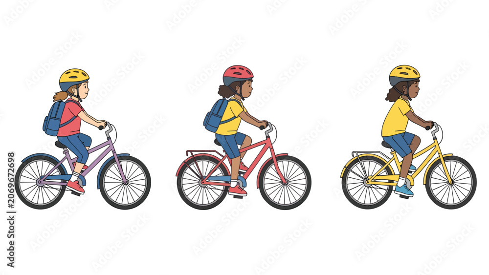 Fototapeta premium Three diverse children wearing helmets and backpacks riding bicycles on a white background.