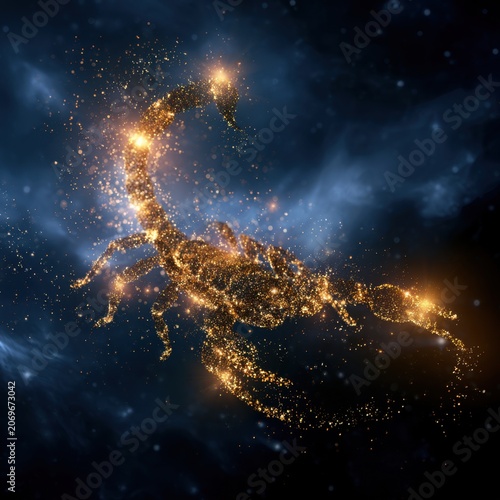 Glowing digital scorpion formed by golden particles illuminated against a dark mystical cosmic background conveying a sense of energy and mystery