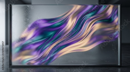 Flowing purple silk waves inside glass frame.