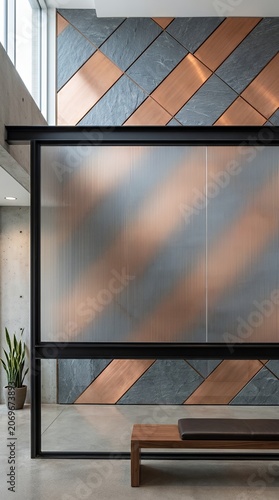 Fluted glass partition wall in modern office interior.