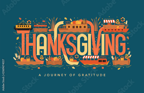 Thanksgiving typographic illustration with river boats and journey theme thanksgiving typography lettering seasonal