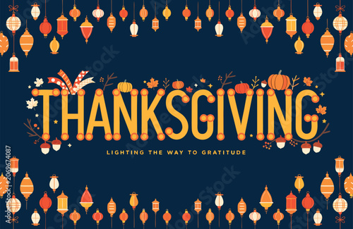 Thanksgiving holiday banner design with hanging rustic lanterns and pumpkins thanksgiving lanterns pumpkins seasonal