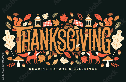 Thanksgiving lettering art featuring forest animals and fall leaves thanksgiving typography squirrel woodland