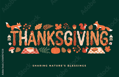 Thanksgiving typography greeting surrounded by woodland animals and autumn elements with thanksgiving