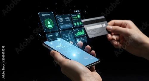 Hand holding smartphone with digital banking interface and card