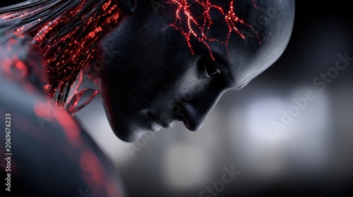 Profile of futuristic humanoid figure with glowing red neural network patterns on dark metallic skin set against blurred background for technology concept