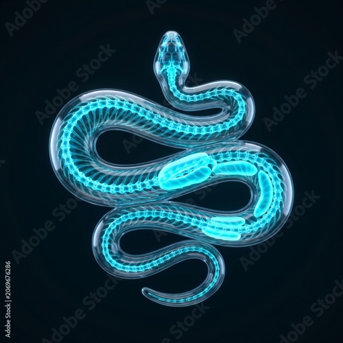 3D Translucent X-Ray Icon of a Snake Skeleton for Reptile Veterinary and Zoology Study.