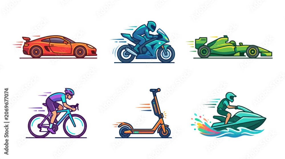Naklejka premium Fast Transportation Collection: Car, Motorcycle, F1, Bike, Scooter, Jet Ski
