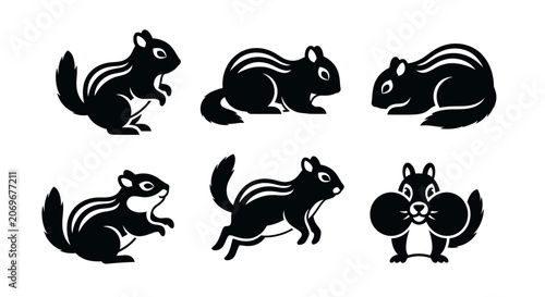 Black Silhouette Chipmunks with Stripes in Cute Poses