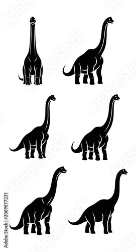 Black Silhouette Dinosaurs Seamless Pattern: Brontosaurus, Diplodocus, Ancient Reptiles