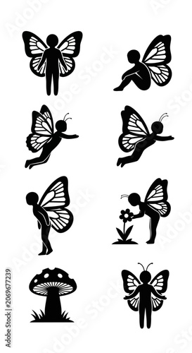 Black Silhouette Icons of Fairies and Mushrooms for Magical Design