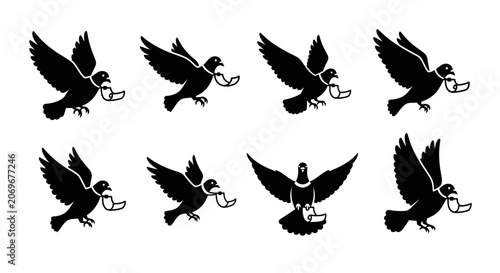 Black silhouette of a dove bird carrying a message scroll in its beak, isolated on white background.