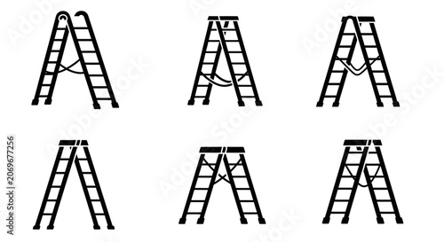 Black Silhouette Icons of Step Ladders on White Background