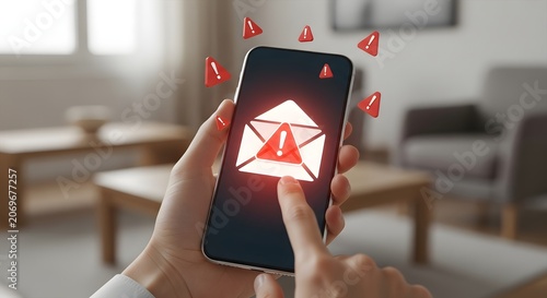 Smartphone displaying email alert and warning icons