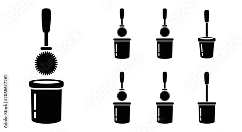 Black silhouette of a toilet brush and holder, isolated on white background, simple icon design