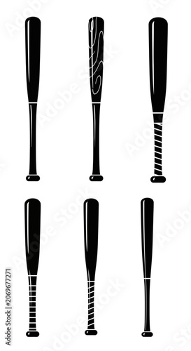 Black Silhouette of Baseball Bats, Sports Equipment and Vector Illustration