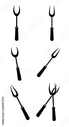 Black Silhouette of Barbecue Utensils - Grill Fork and Tongs on White Background
