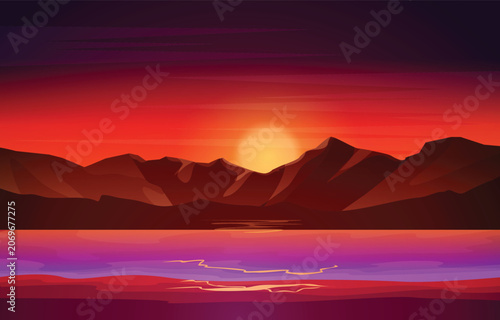 Vector illustration of a beautiful sunset behind mountain silhouettes over calm water with purple reflections