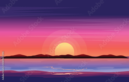 Vector illustration of a beautiful sunset over the sea with mountain silhouettes and purple sky.
