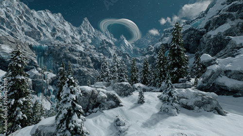 Alien ringed planet visible above snowy mountain landscape with pine trees.