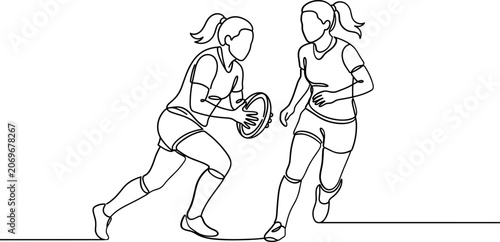 Fotografie Continuous line drawing of two women playing ultimate frisbee sport
