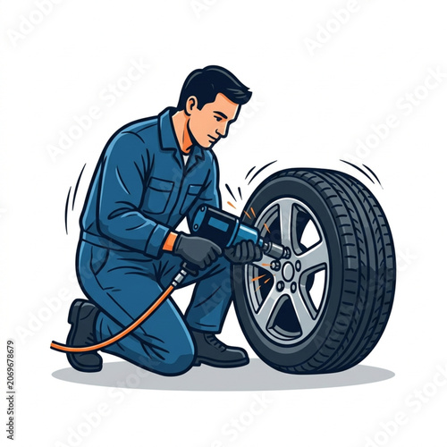 Fotografie Mechanic tightening lug nuts on a car tire with impact wrench.