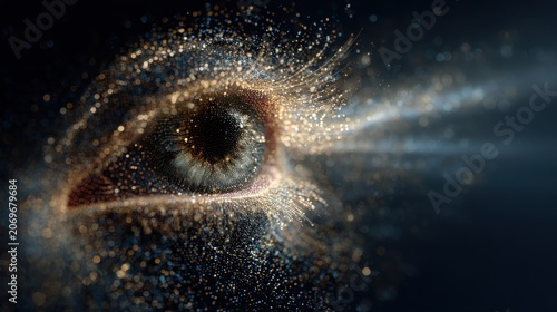 Artistic representation of a human eye composed of glowing sparkling particles with radiant light trails on a dark dreamy background symbolizing vision and perceptio
