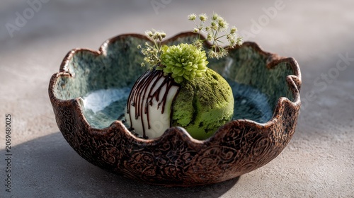 Gourmet matcha dessert plated on Japanese wabi sabi ceramic, modern zen minimalism, ultra realistic lighting, 8k commercial, copy space