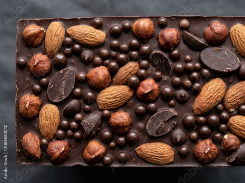 Rich Dark Chocolate Bar Studded With Assorted Nuts and Crispy Chocolate Spheres