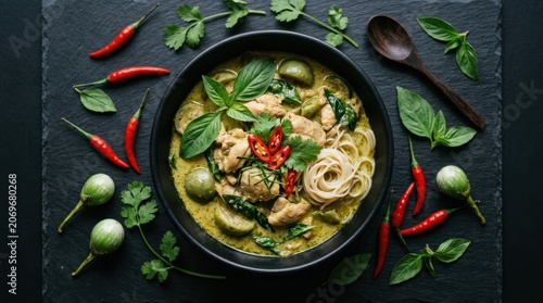 Authentic Thai Green Chicken Curry served in a dark bowl with fresh ingredients surrounding it