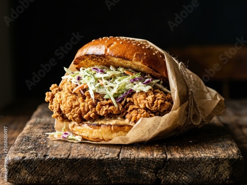Gourmet crispy fried chicken sandwich with coleslaw on a rustic wooden table
