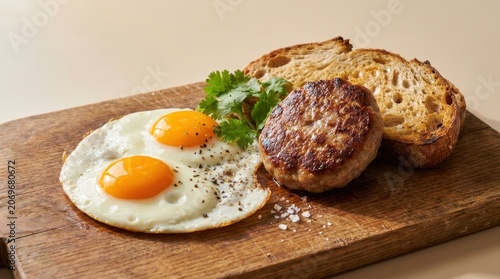 Hearty Breakfast With Fried Eggs, Burger Patty and Toasted Bread Served on a Wooden Board