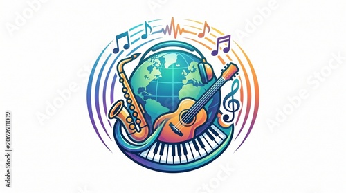 Global music concept illustration with world globe and musical instruments