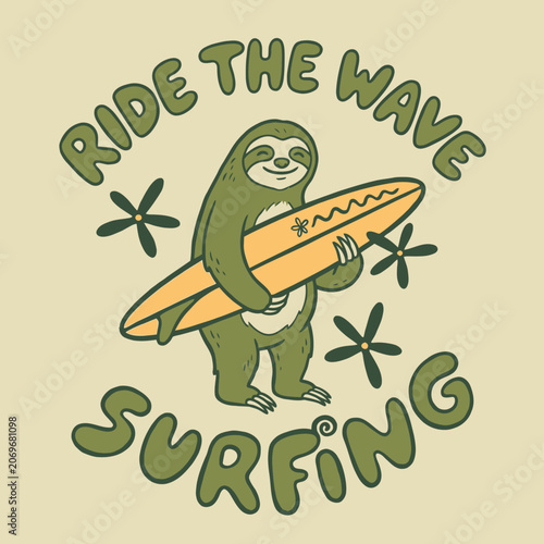 Photos Sloth Holding Surfboard Smiling Cartoon.