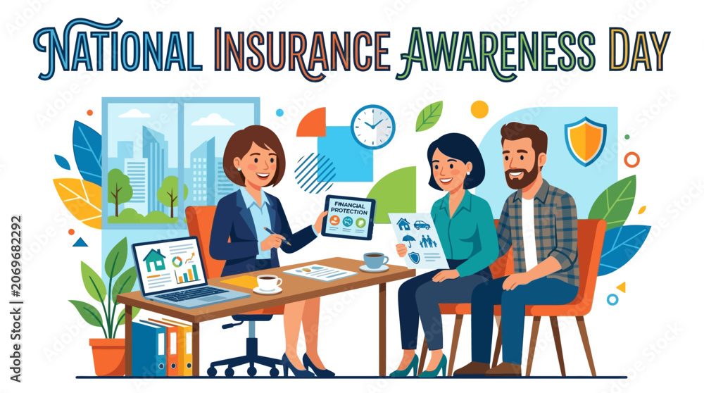 Naklejka premium Celebrating National Insurance Awareness Day with a friendly agent explaining policy details to a couple