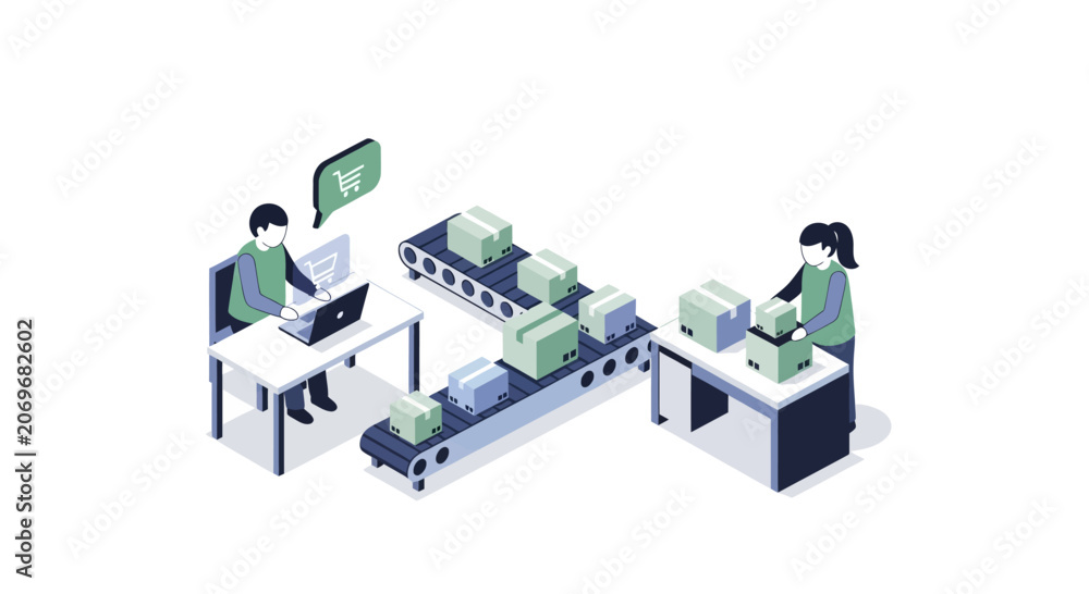 Obraz premium E-commerce order fulfillment: online shopping, packing, and shipping process