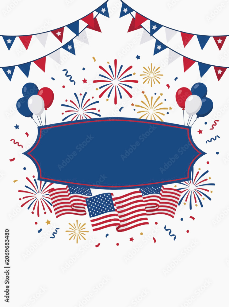 Obraz premium American Independence Day Celebration with Fireworks Balloons and Flags